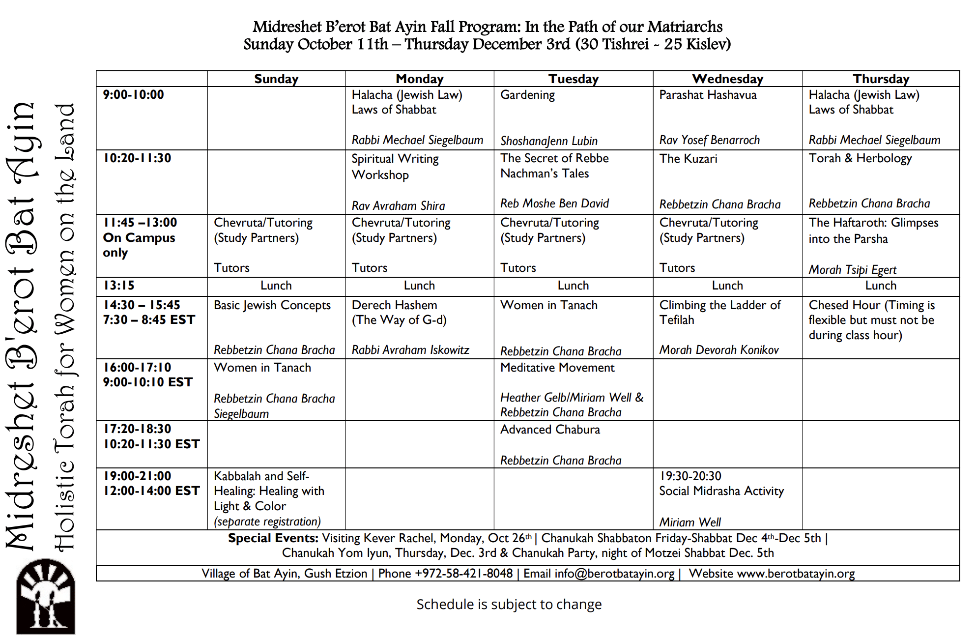 Fall 5787 Schedule